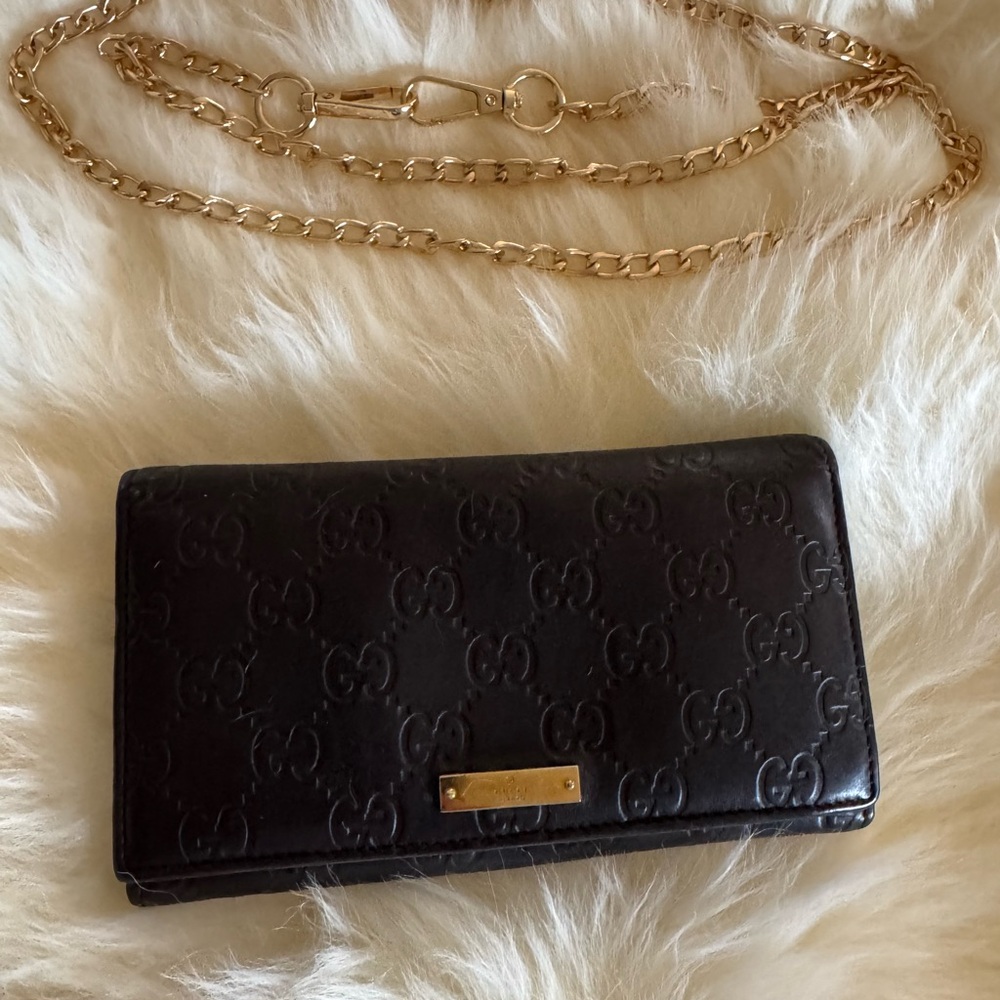 GUCCI GG EMBLEM Brown Leather Wallet gold chain included